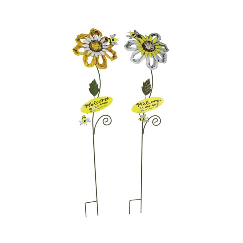 Set of 2 White Yellow Honey Bee Sunflower Garden Stake Welcome Sign Yard Decor